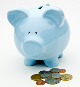 Blue Piggy Bank WIth Coins
